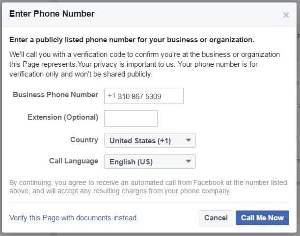 Facebook page phone verification