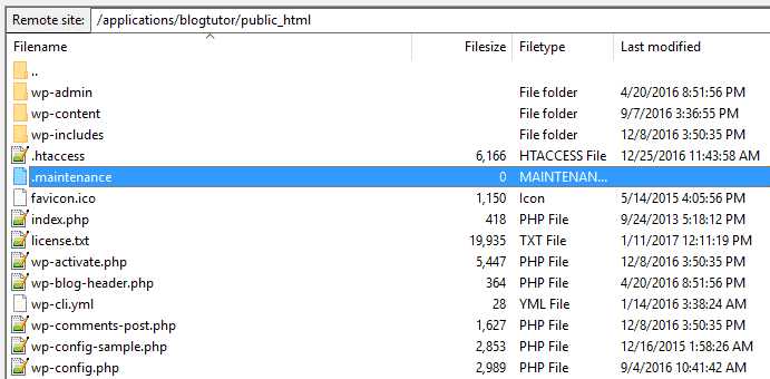 Screenshot from FileZilla FTP