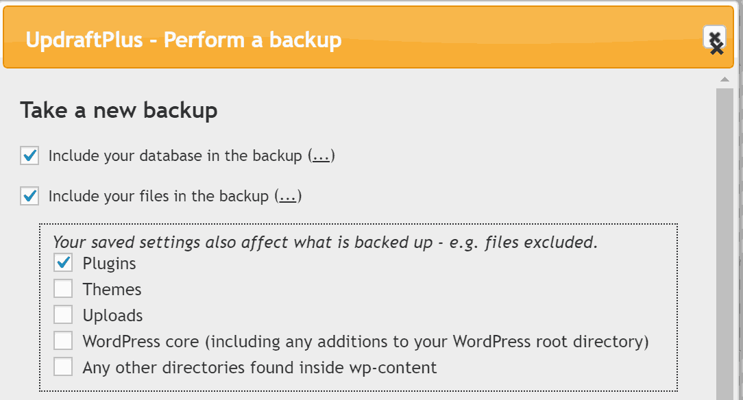 Screenshot of UpdraftPlus backup settings.