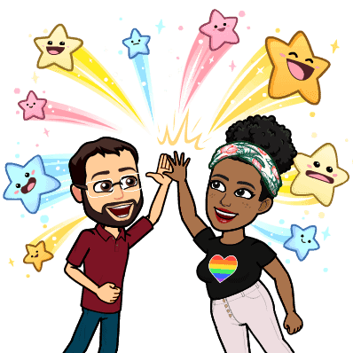 Cartoon of two of us high-fiving each other, with adorable, smiling stars flying out from where our hands meet, like awesome sparks.