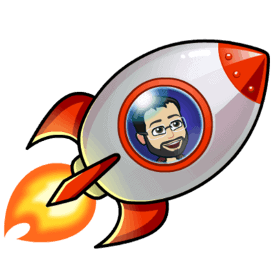 Cartoon of Andrew in a rocket ship