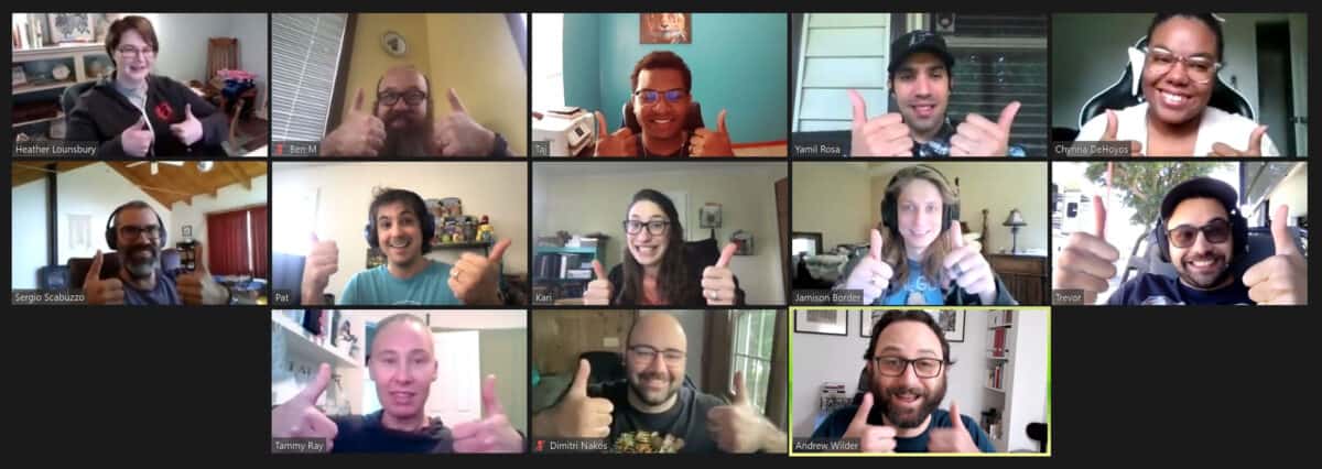 The NerdPress Team on Zoom, giving the thumbs-up sign