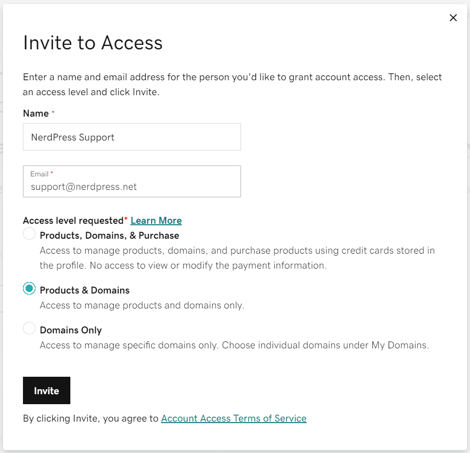 Screenshot of access invitation settings modal.