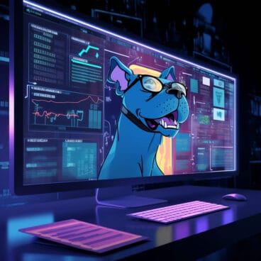 A stylized illustration of a dog inside a computer screen with charts and graphs surrounding him.