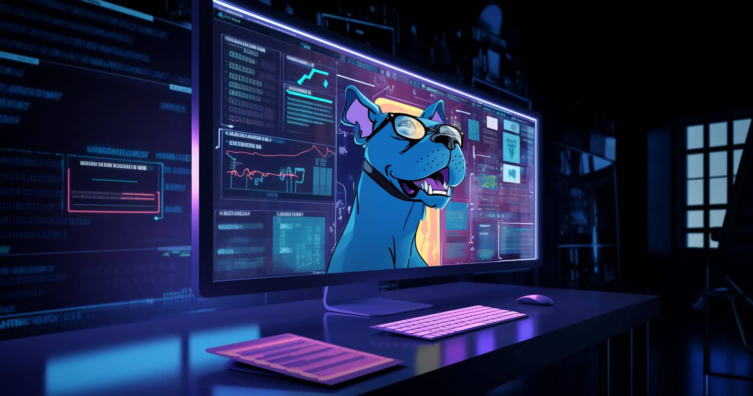 A stylized illustration of a blue dog inside a computer screen with charts and graphs surrounding him.