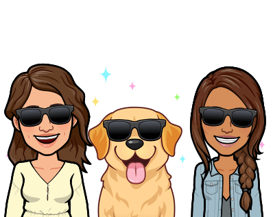 A cartoon of two women with different skin tones, standing on either side of a dog, all three of whom are wearing sunglasses and smiling at us.