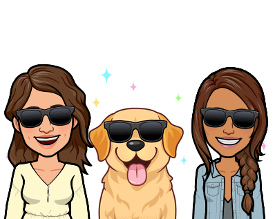 A cartoon of two women with different skin tones, standing on either side of a dog, all three of whom are wearing sunglasses and smiling at us.