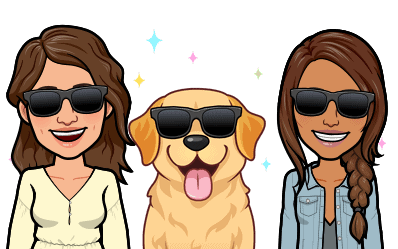 A cartoon of two women and a dog, all wearing sunglasses, looking chill and happy, smiling at the camera