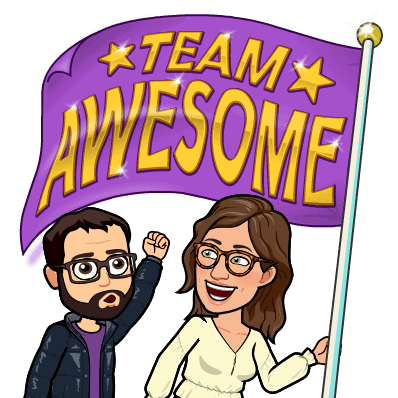 Cartoon of Kari and Andrew waving a flag that says Team Awesome.