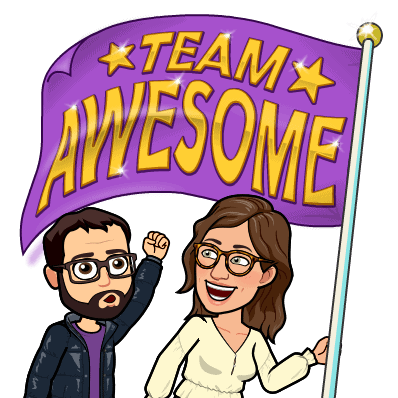 A cartoon of Kari and Andrew waving a flag that says Team Awesome.