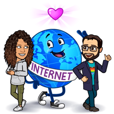 Cartoon of Melissa and Andrew standing next to the earth wearing a sash that says Internet,