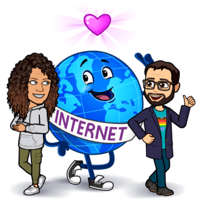 Cartoon of Melissa and Andrew standing next to the earth wearing a sash that says Internet