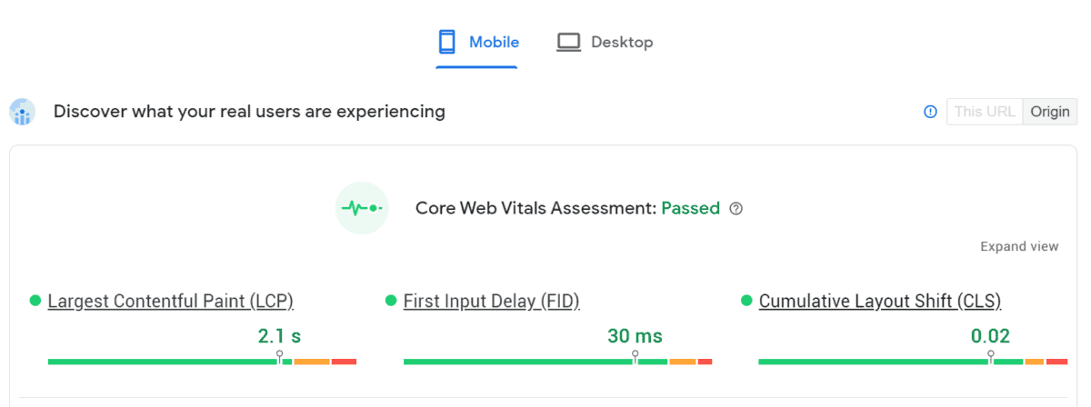 Screenshot of the Pagespeed Insights test result, showing the three core web vitals metrics and the average scores across all pages on the site.