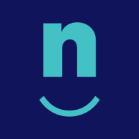 a teal lowercase n with a smile underneath, on a dark blue background