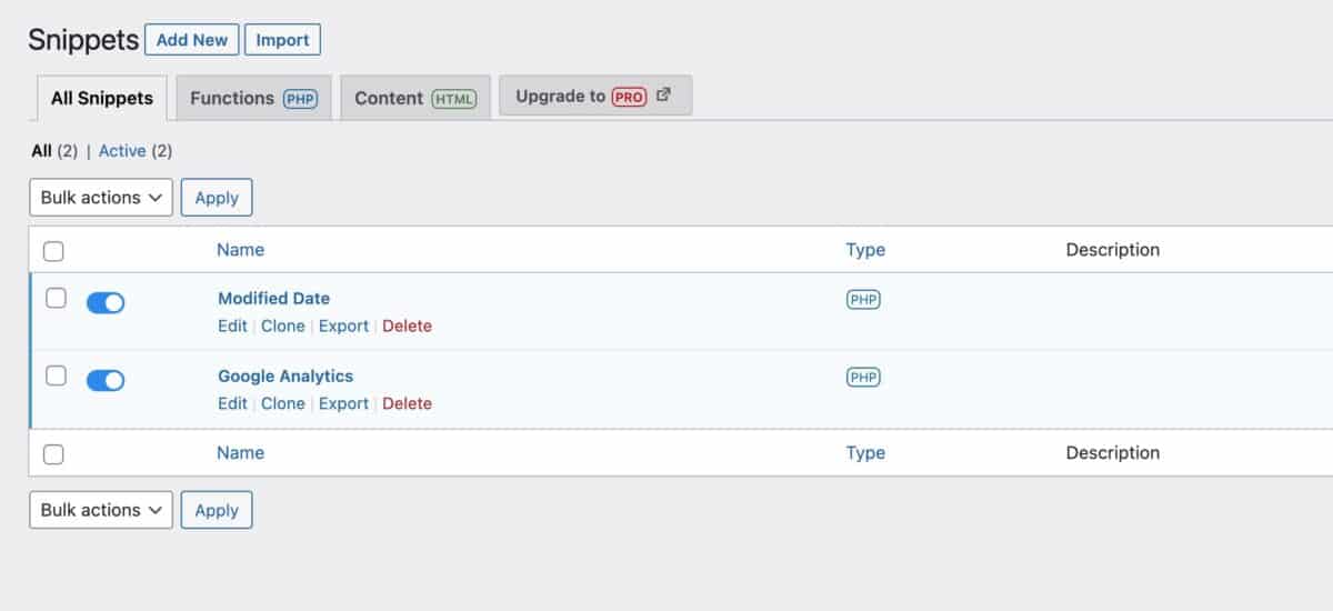 Screenshot showing multiple code snippets, including one showing Google Analytics.
