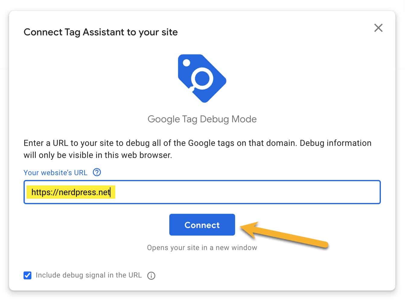Google Tag Assistant popup window where you enter your website's URL to connect it to tag assistant.