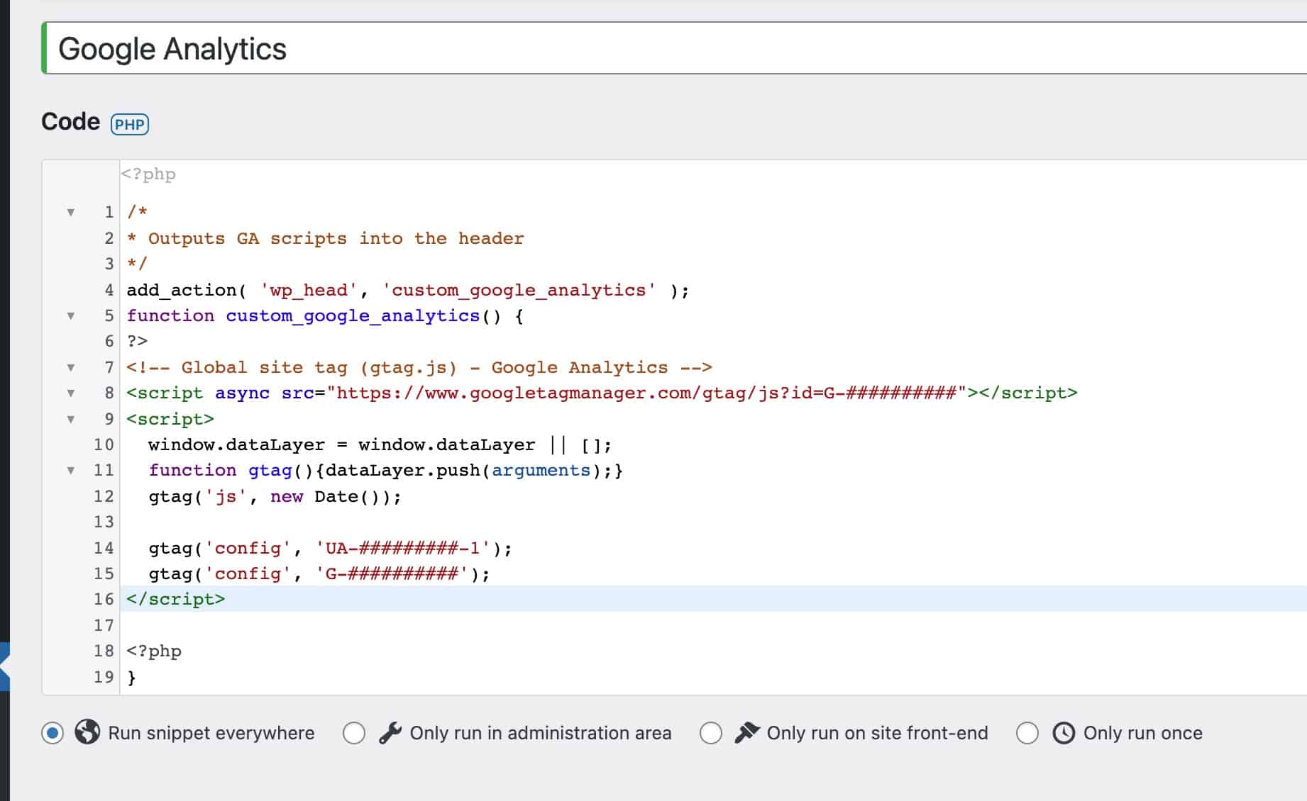 Screenshot showing an example in the Code Snippets plugin.