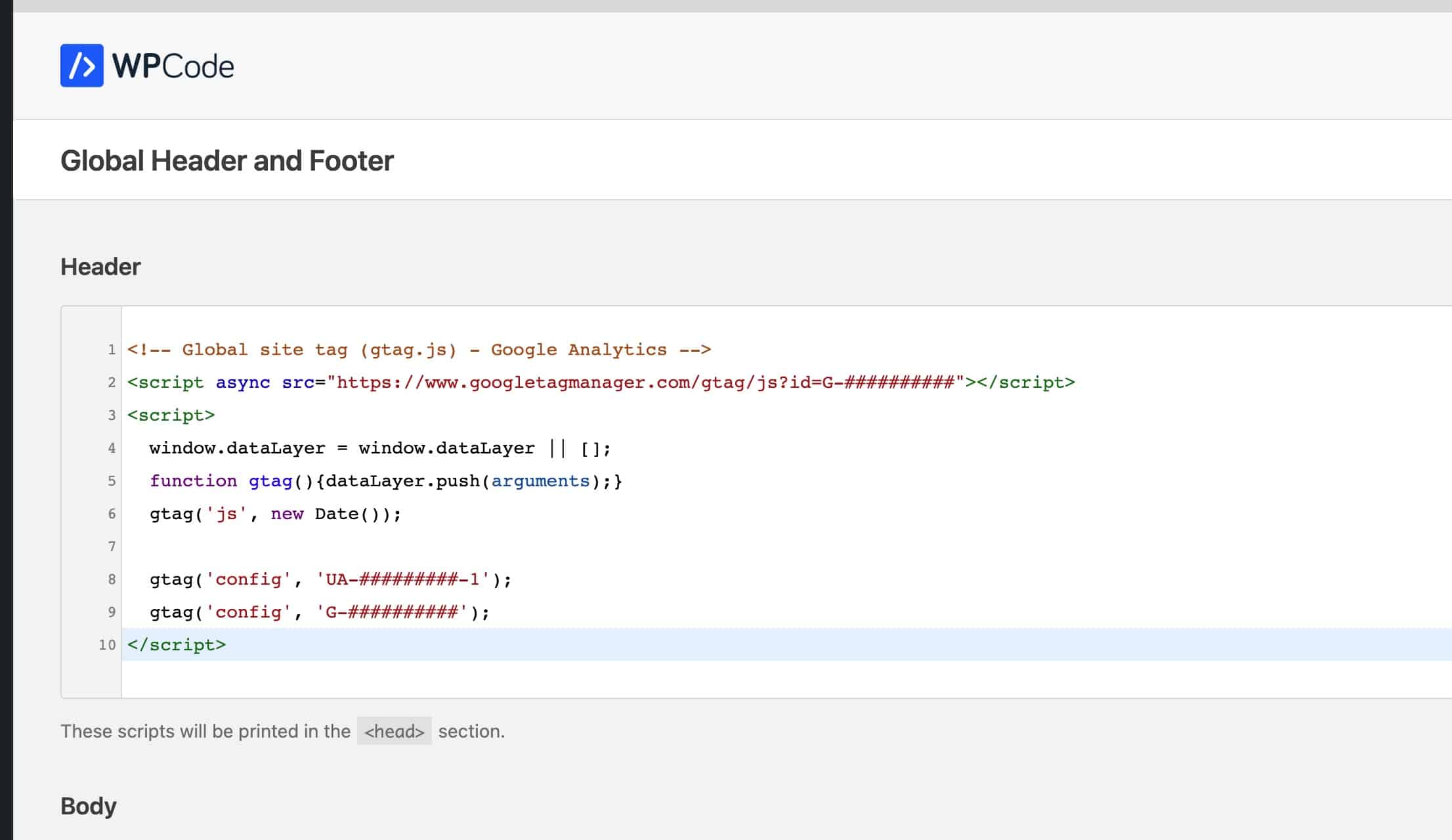 Screenshot showing an example in the WP Code Plugin
