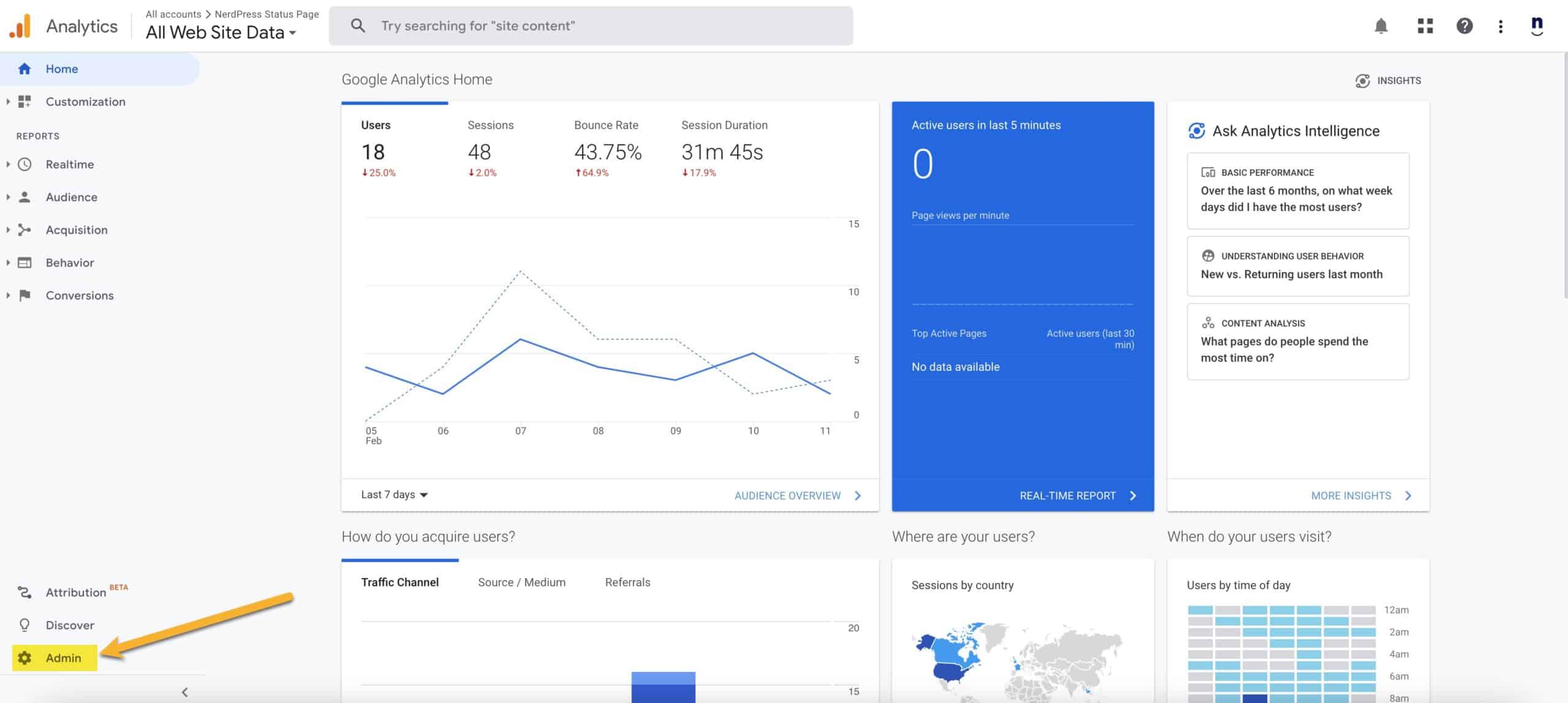 Screenshot of the Google Analytics interface, showing the link to the Admin settings.