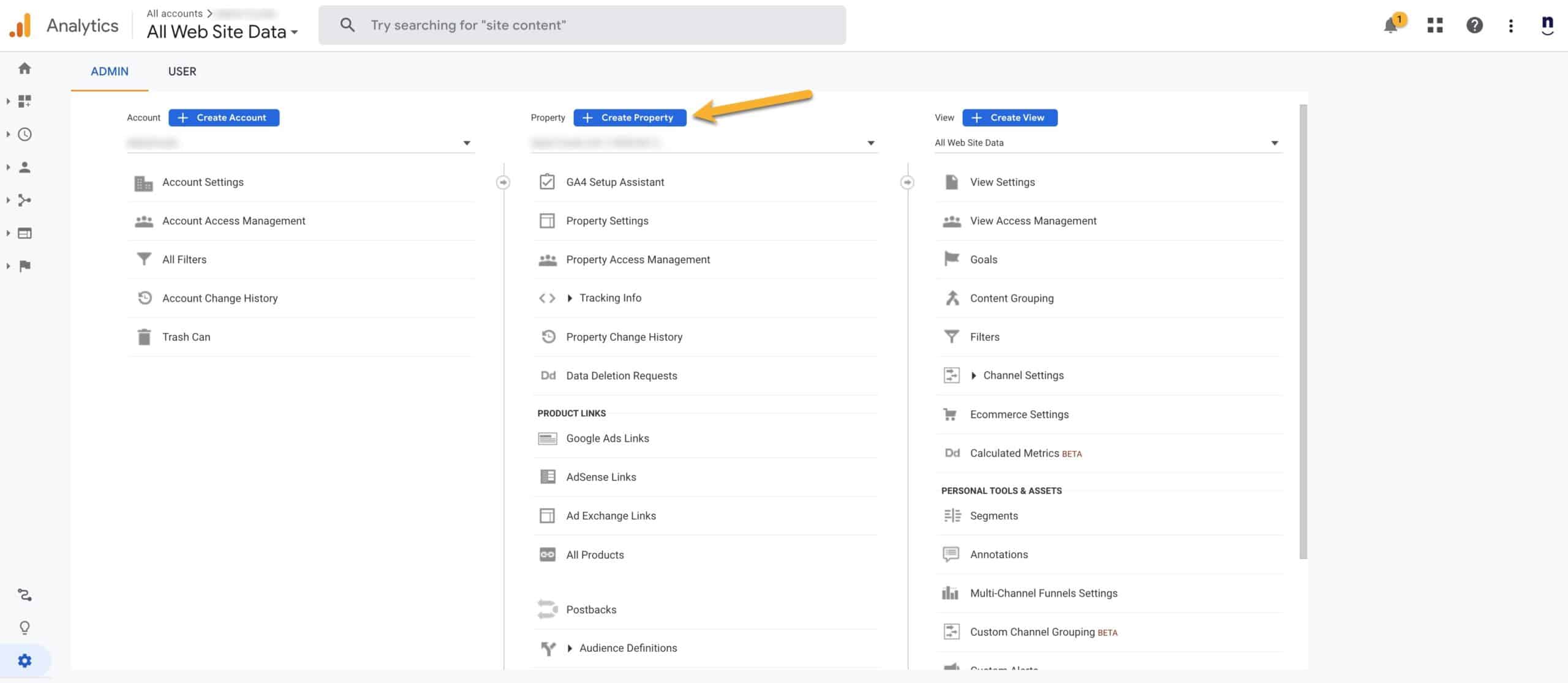 Screenshot of Analytics settings showing the Create Property button.