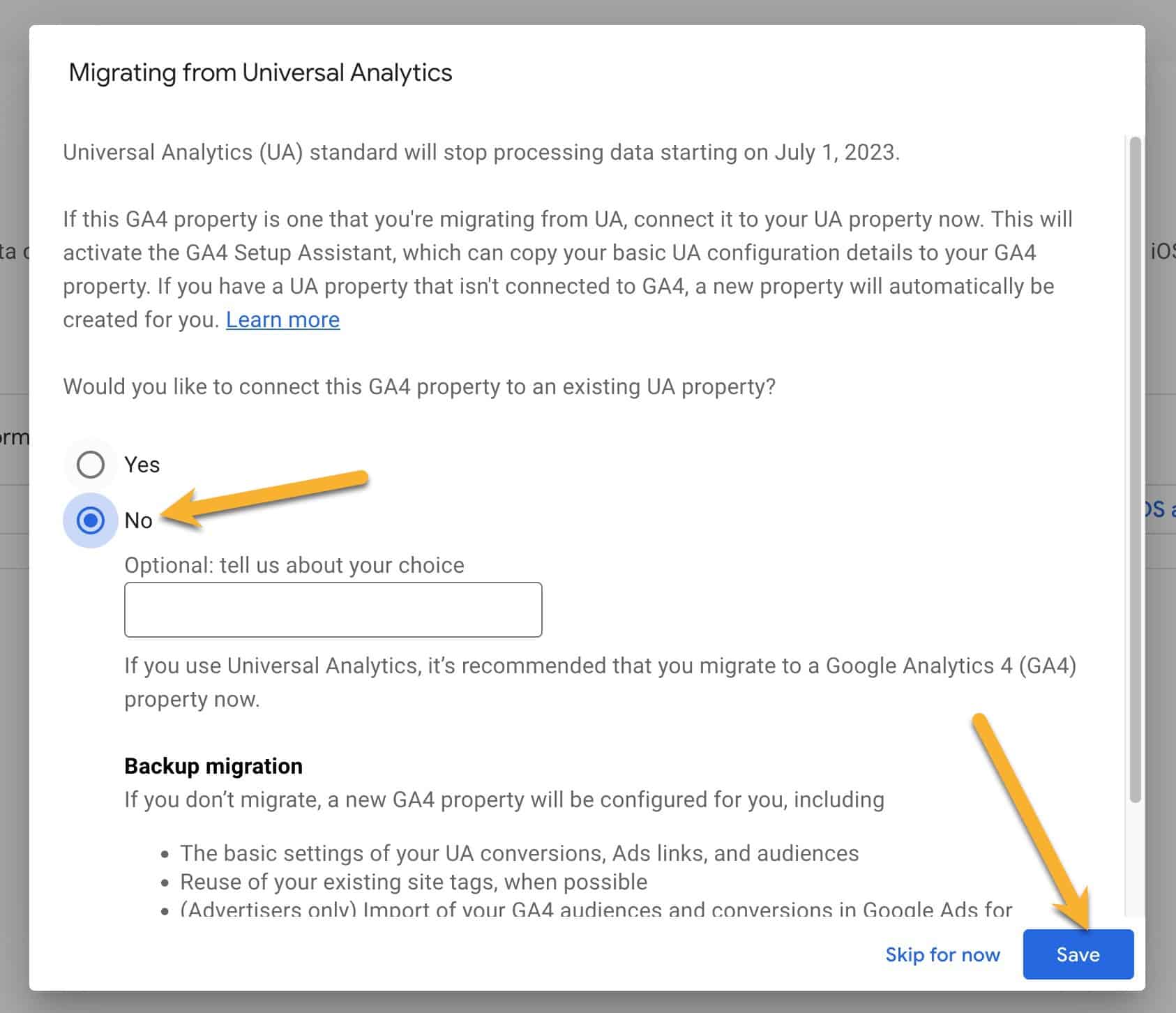 Screenshot showing the modal that asks to connect a GA4 property to an existing UA property. Select No.