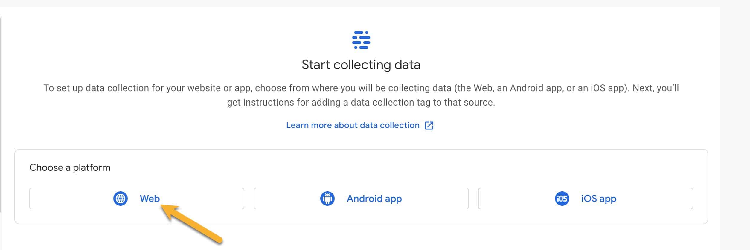 Screenshot showing the Platform selection, choosing Web.