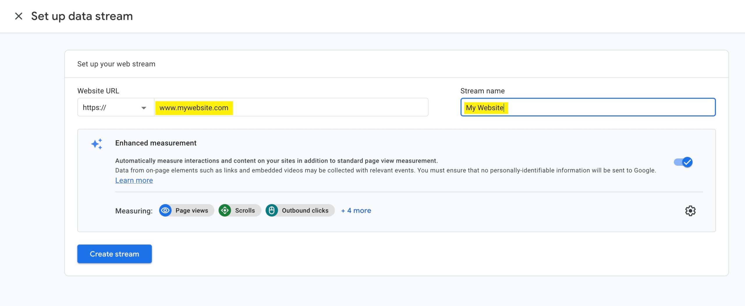 Screenshot showing the data stream setup form.