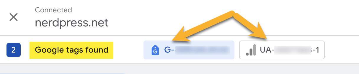 Screenshot showing two Google tags found with the tag IDs listed.