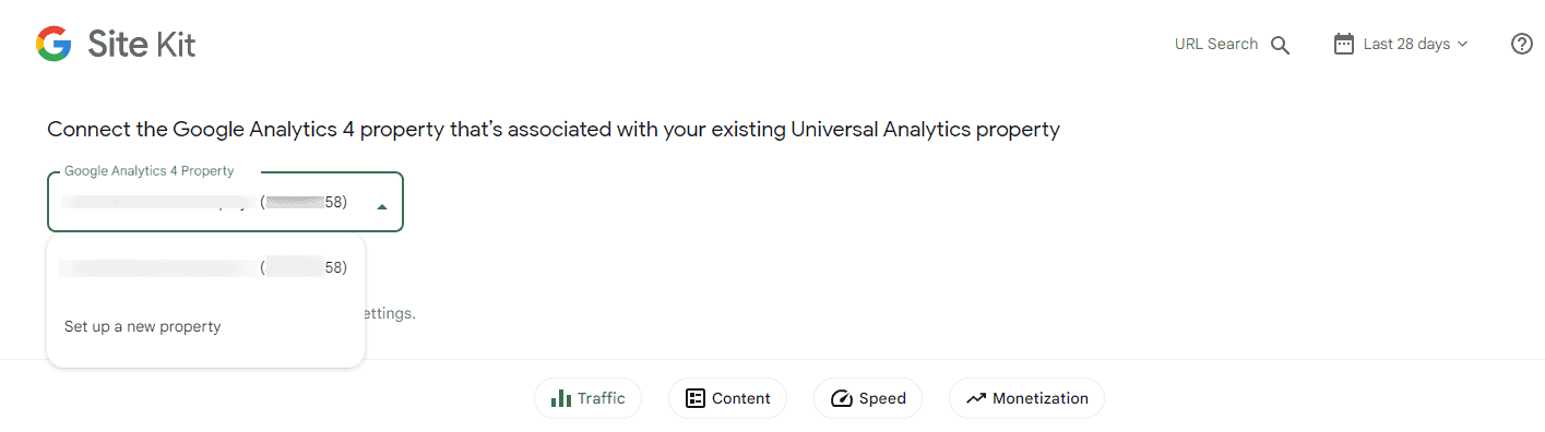 Screenshot of the first step of setting up a GA4 property in Site Kit