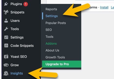 Screenshot showing the Monster Insights Settings Page Link in the Admin Menu