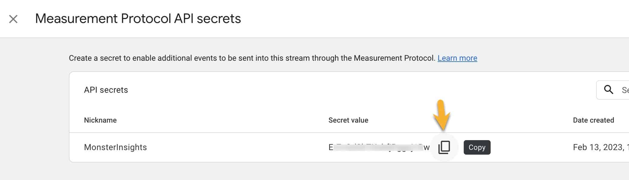 Screenshot showing the API secret value, so you can copy it to the clipboard