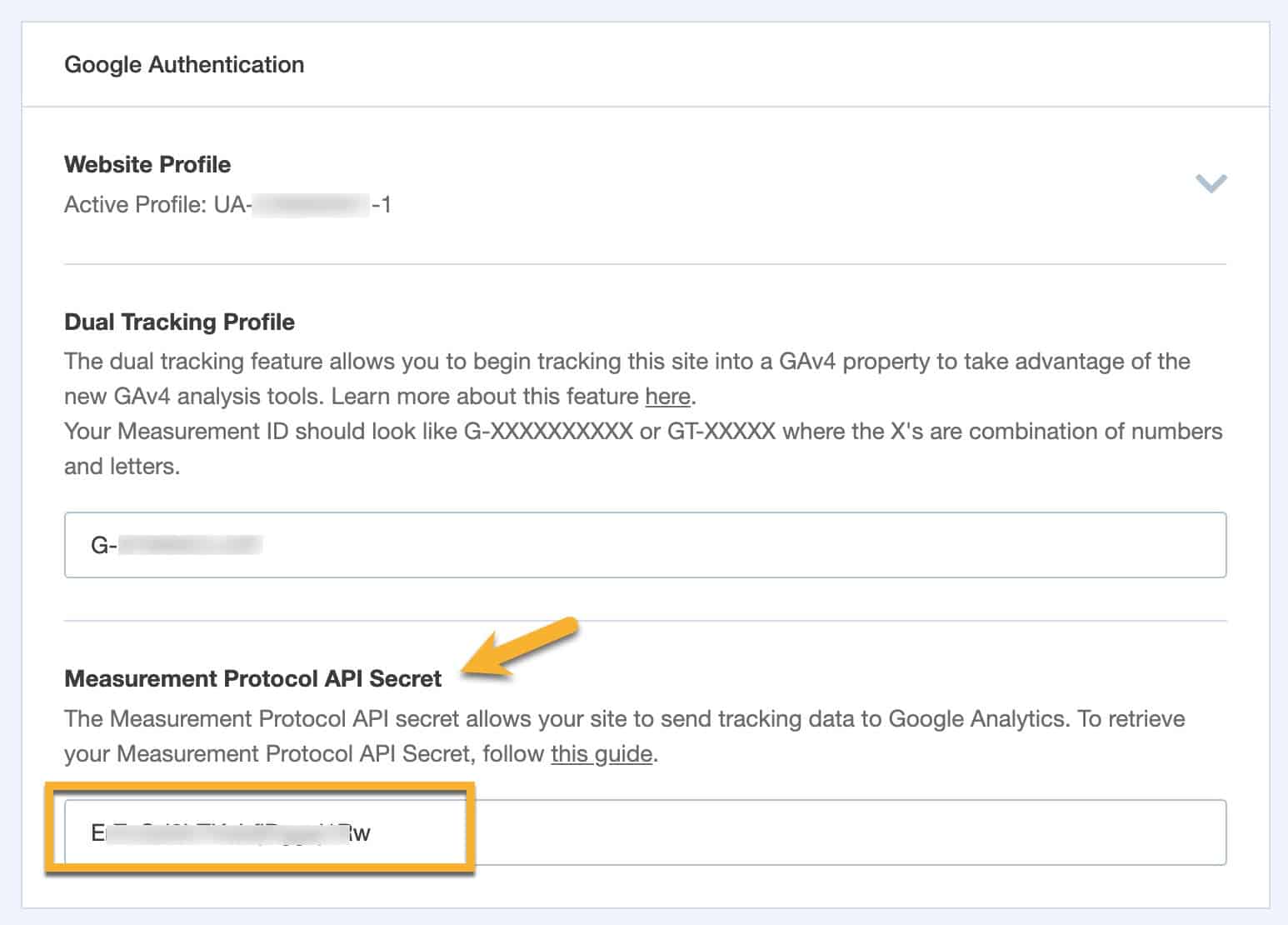 Screenshot showing the Monster Insights setting where you can add the Measurement Protocol API Secret.