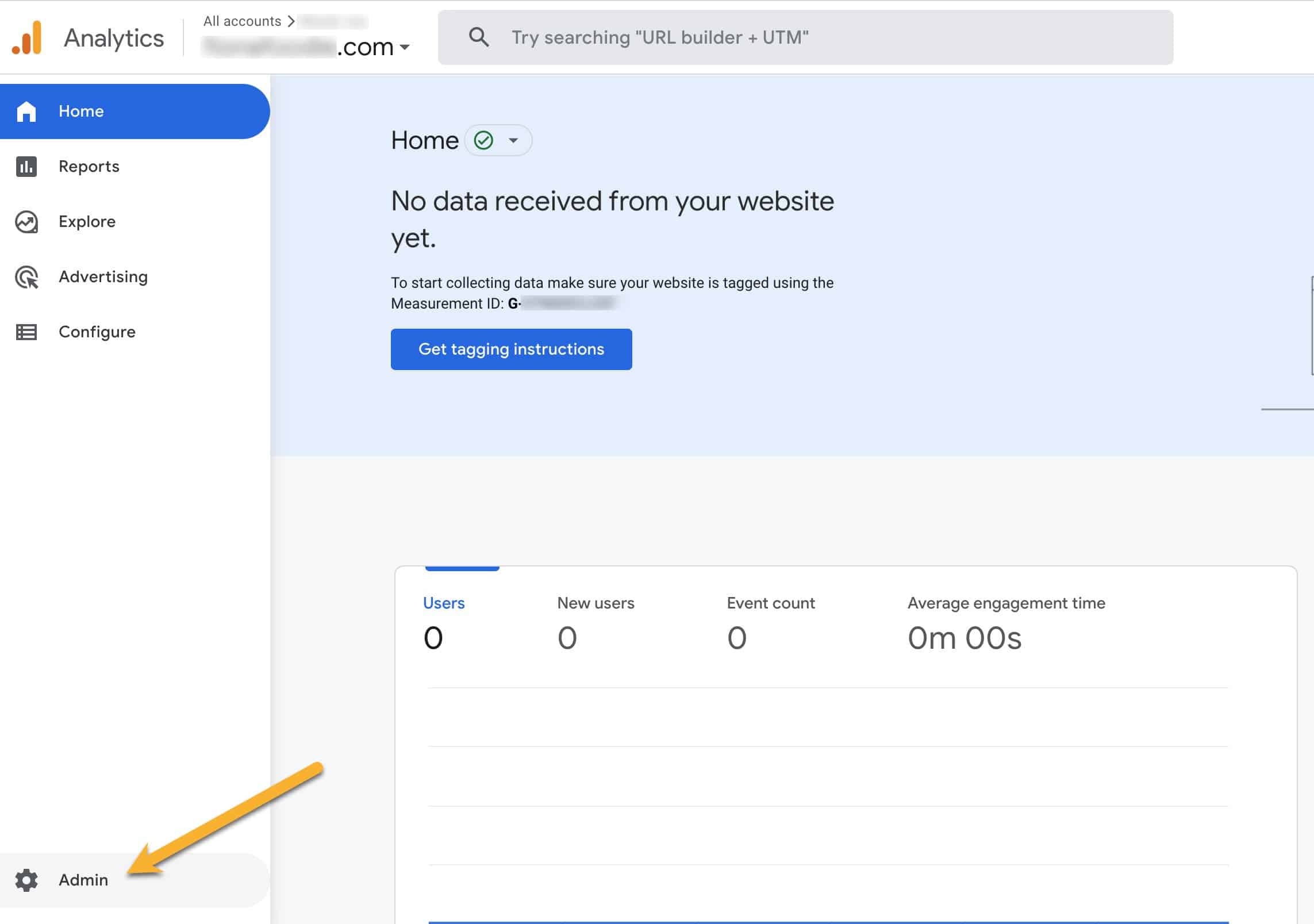 Screenshot showing the Admin link in the Google Analytics dashboard