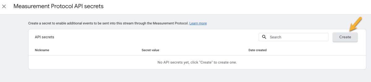 Screenshot showing the button to create a new measurement protocol API secret.
