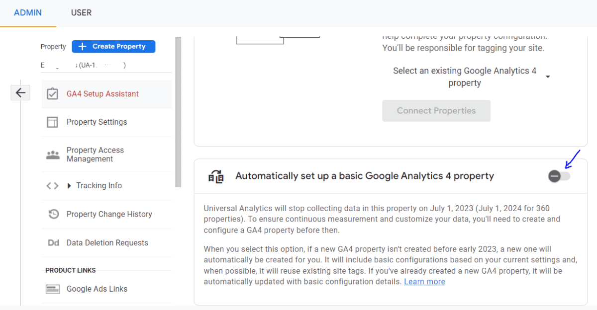 Screenshot of the setting to disable the automatic GA4 setup