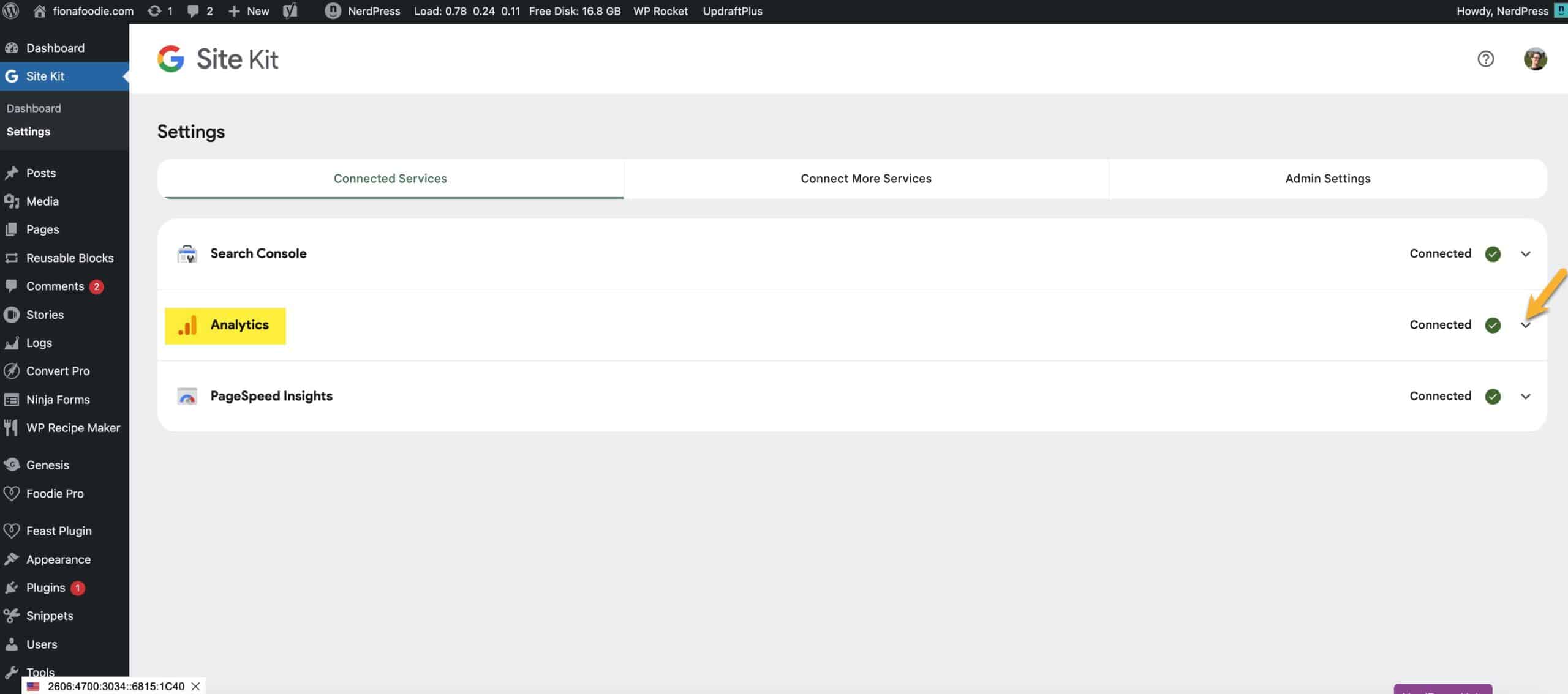 Screenshot showing which services are connected in Site Kit.