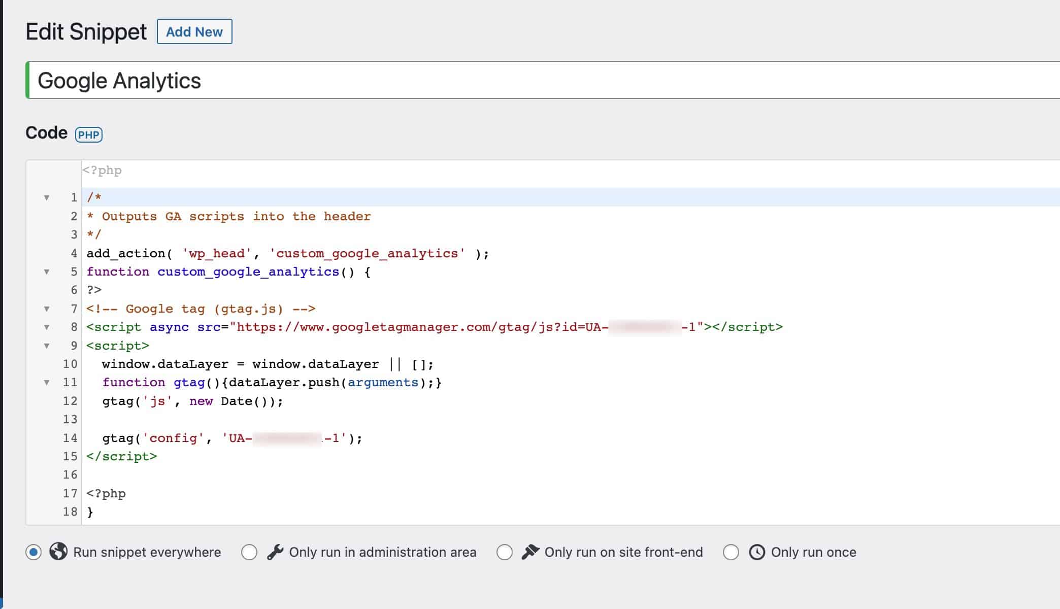 A screenshot of the analytics tag inside a code snippet.