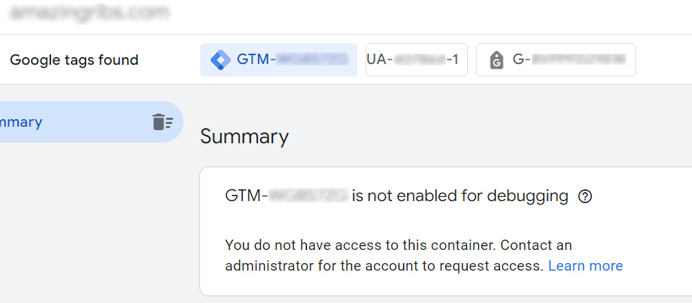 Screenshot showing that Google Tag manager is not enabled for debugging.