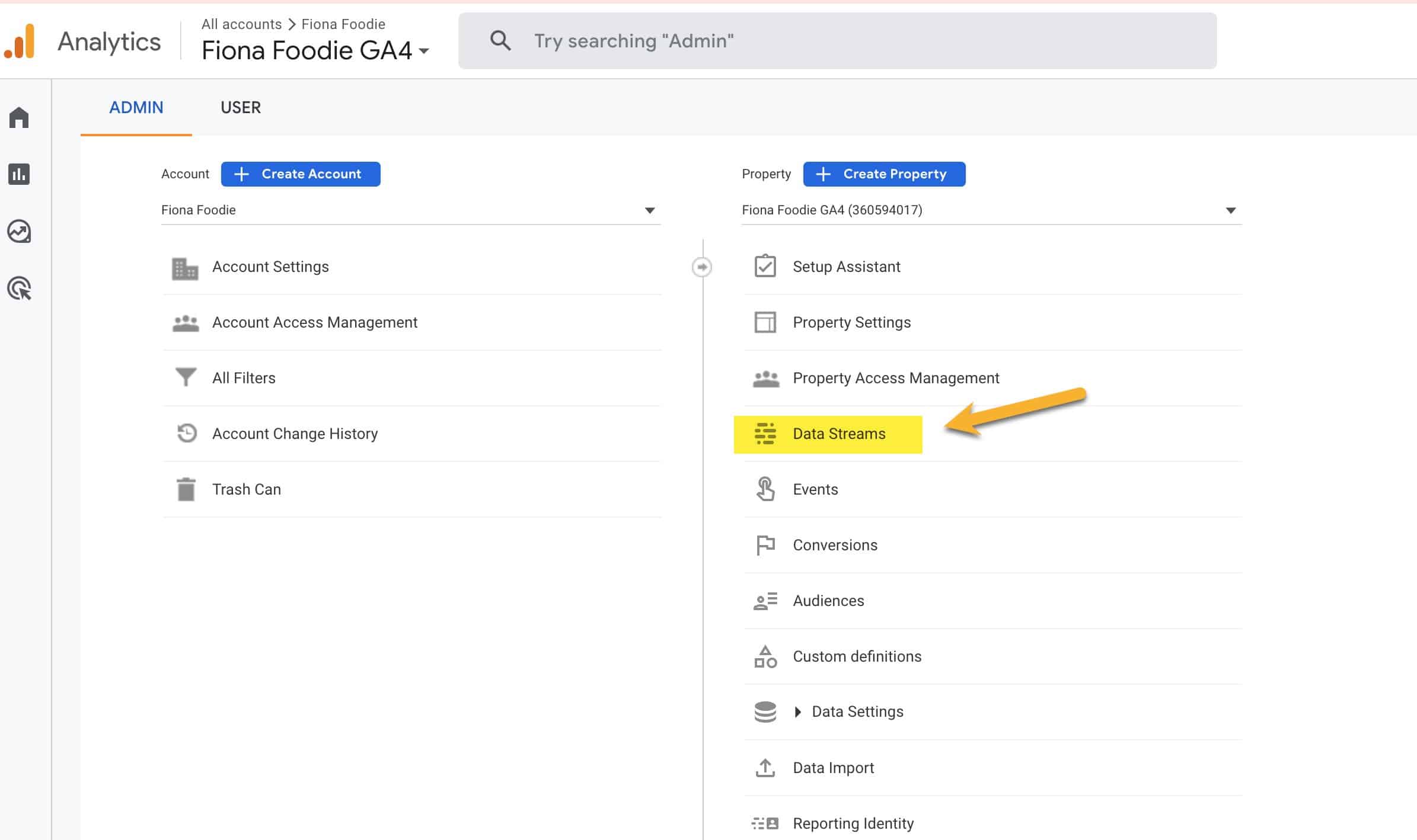 Google Analytics 4 data stream link under the property column in the admin section