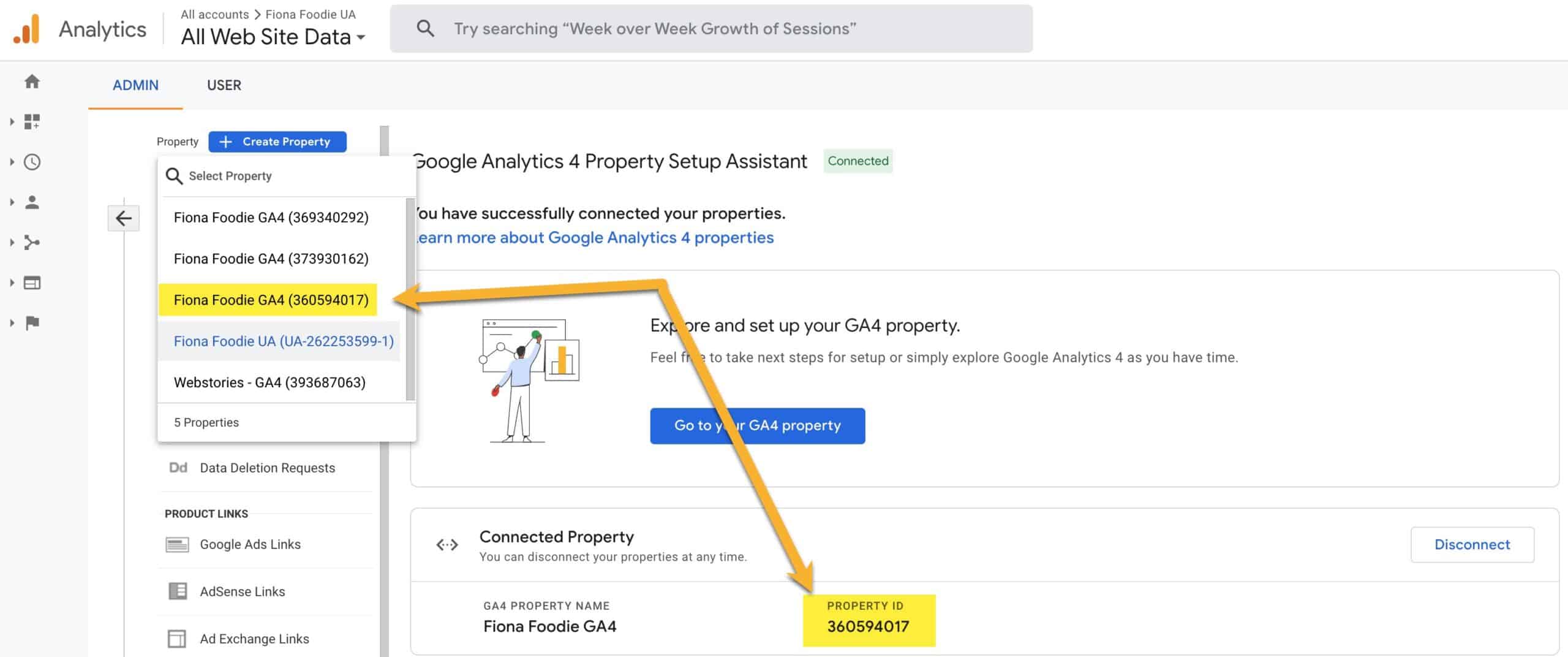 Google Analytics dashboard showing how to switch to a different property within an account.