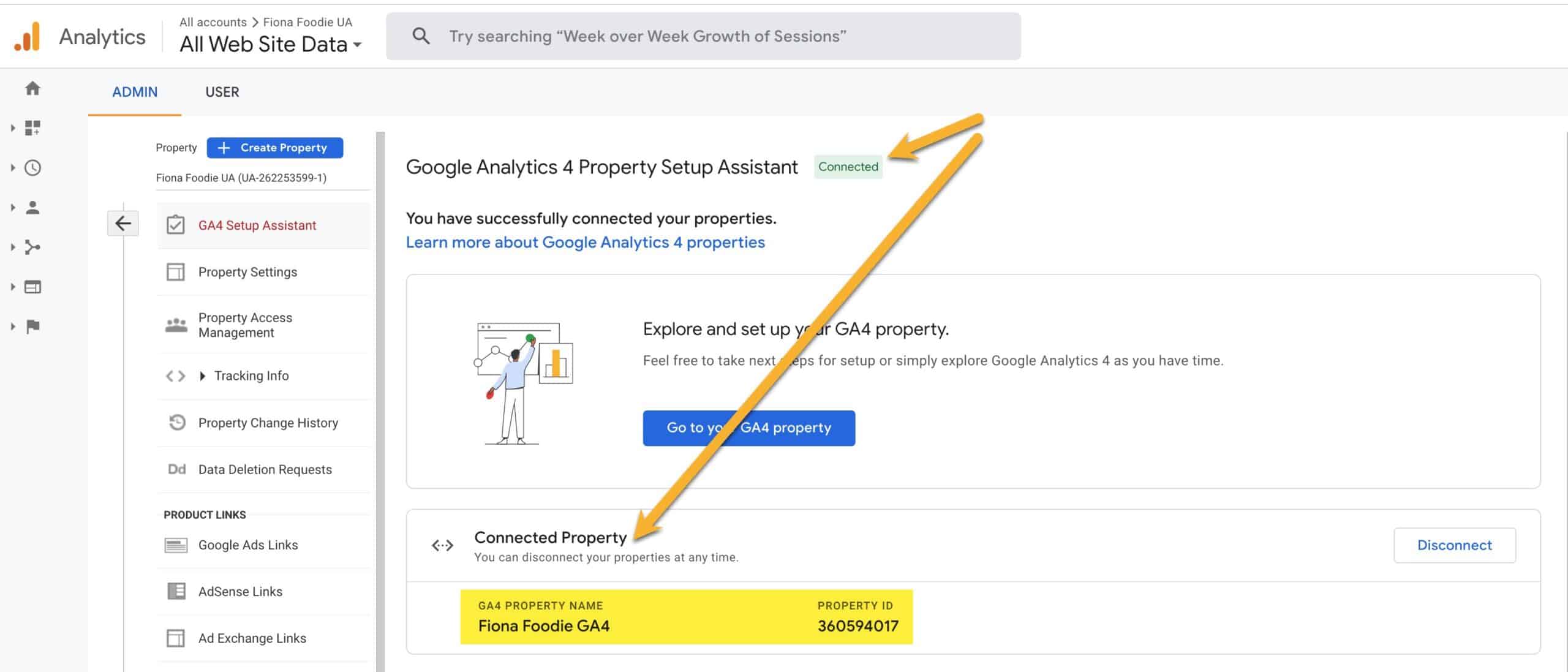 Google Analytics dashboard showing a GA4 connected property details in the GA4 Setup Assistant