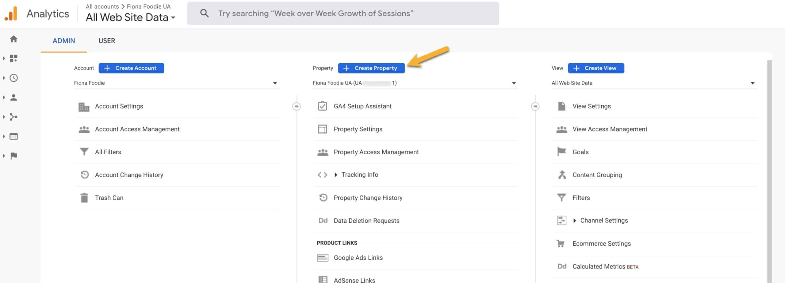 Google Analytics dashboard admin showing button to create property