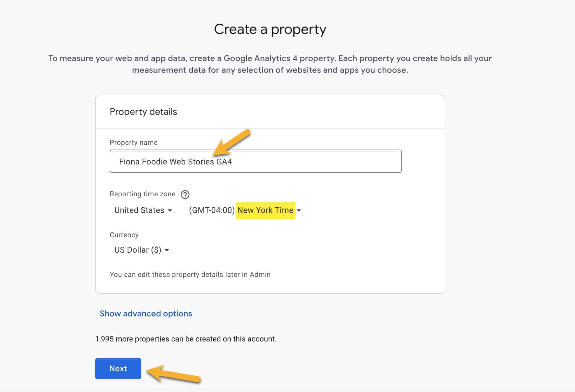 Google Analytics dashboard creating a new GA4 property property details including property name and time zone.