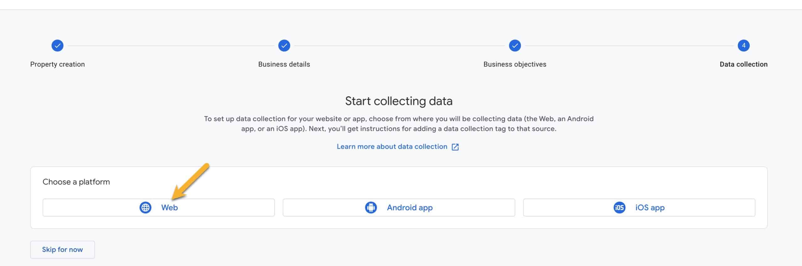 Google Analytics GA4 new property creation, choosing Web for a platform type