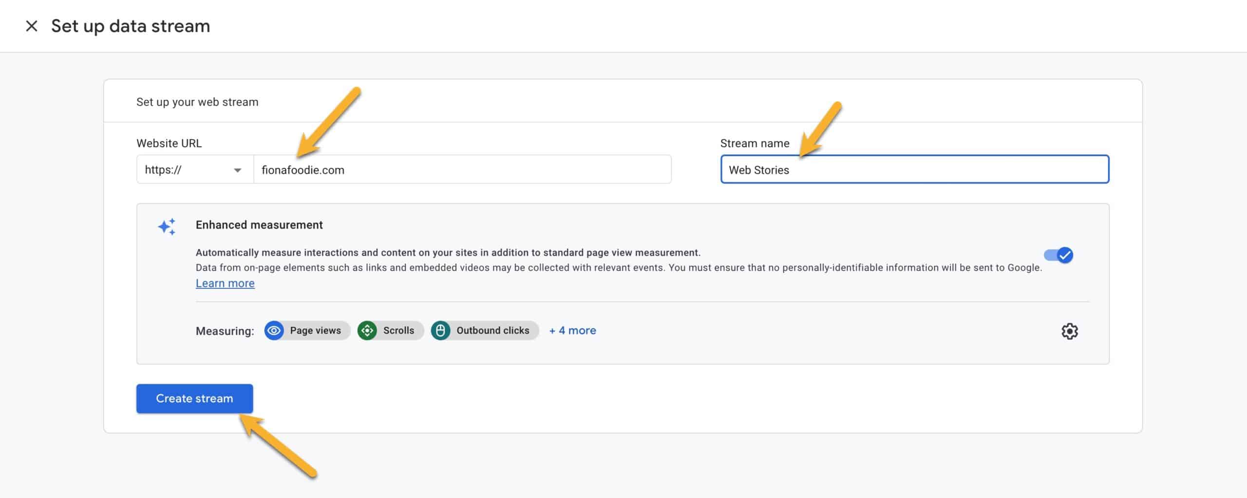 Google Analytics GA4 set up data stream details view