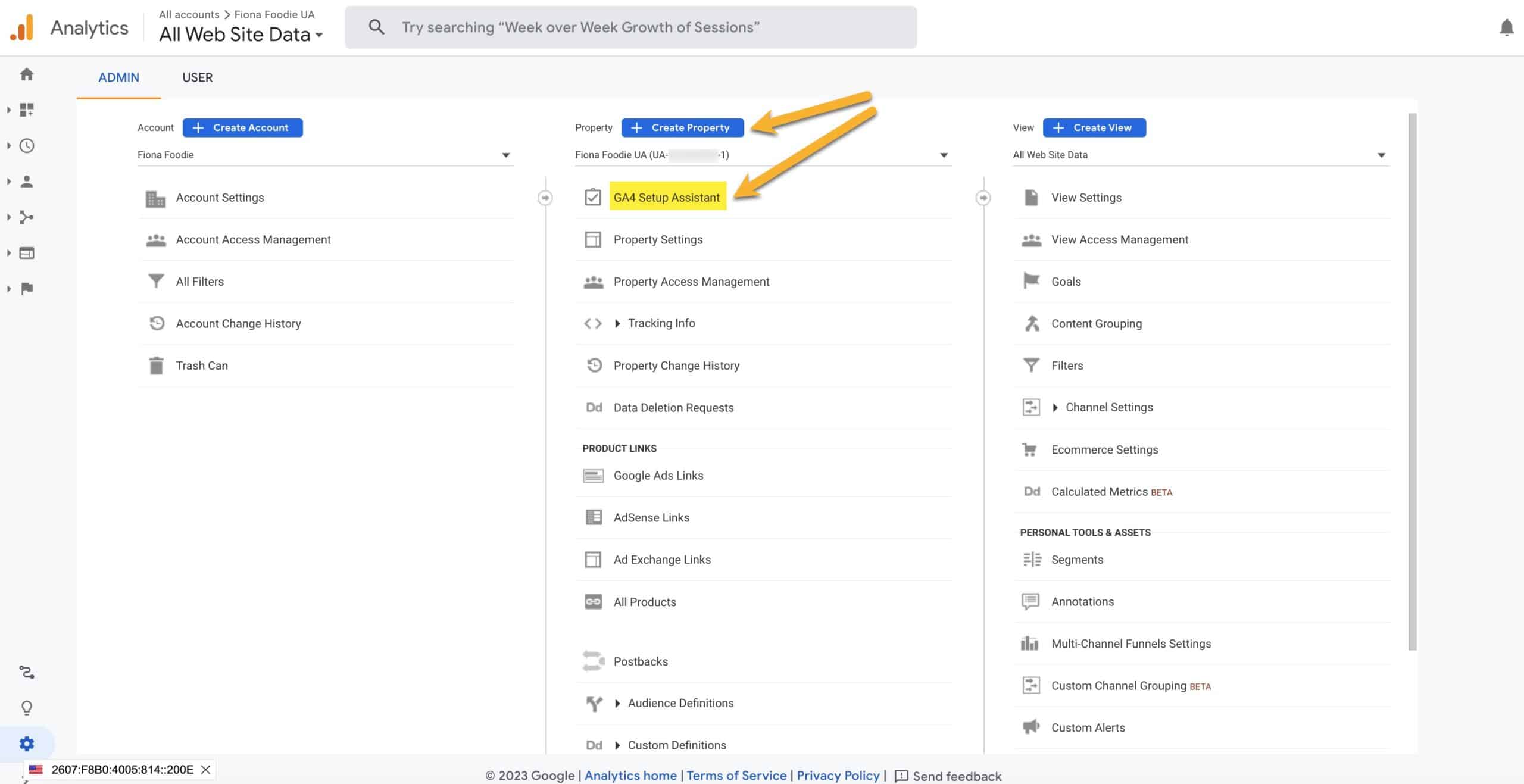 Google Analytics admin display showing link to the GA4 Setup Assistant