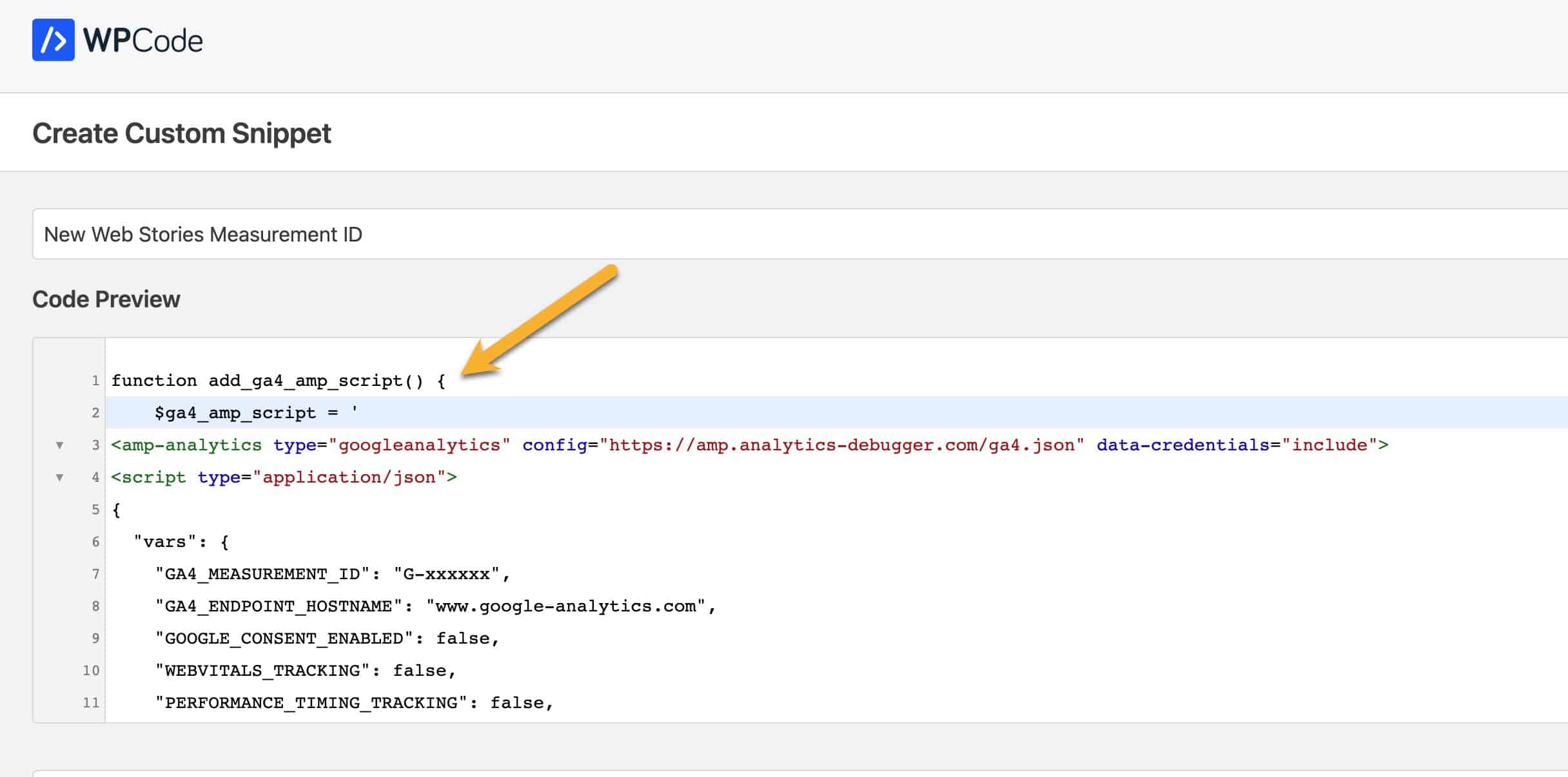Custom code snippet pasted into WP Code Lite Code Preview field.