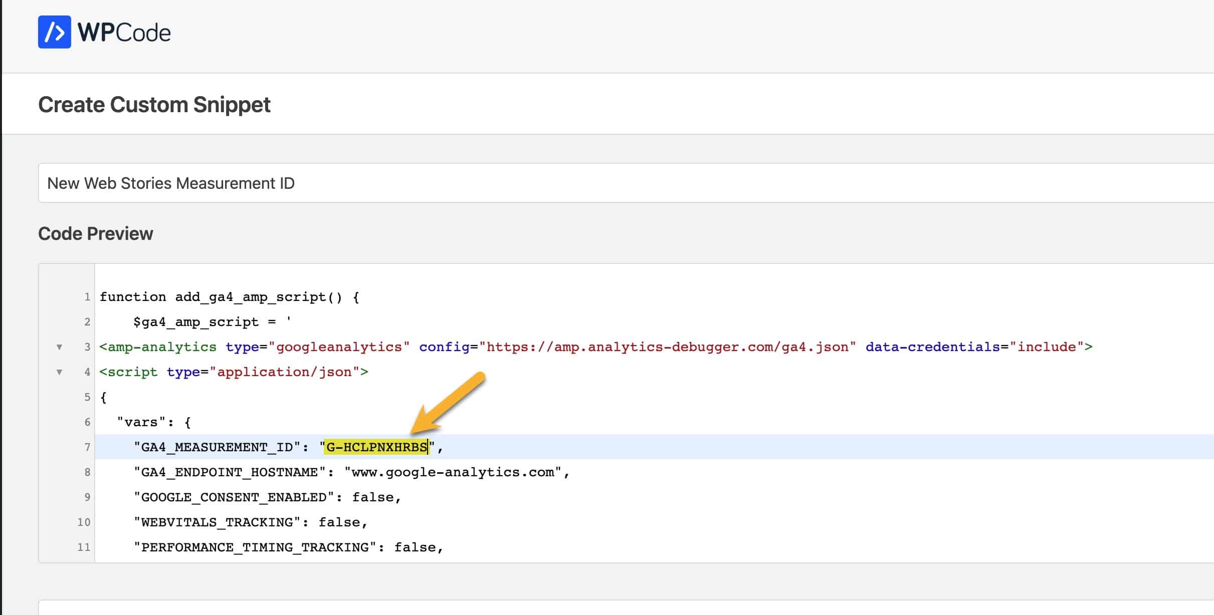 WP Code Snippet Lite snippet highlighting the GA4 Measurement ID replaced