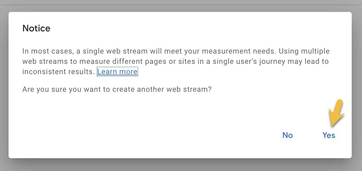 Google Analytics GA4 data stream creation notice to confirm an additional data stream