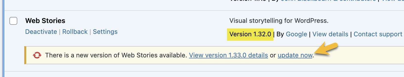 Web Stories plugin details on WordPress plugin page highlighting plugin version and update now link.